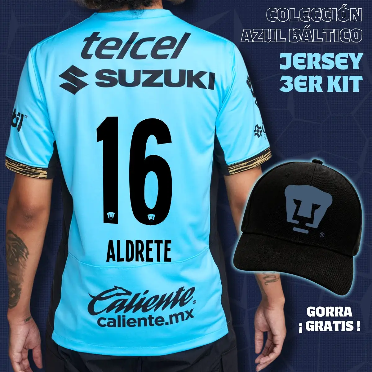 16 Adrián Aldrete - Colección Azul Báltico - Jersey Tercer Kit + Gorra de Regalo