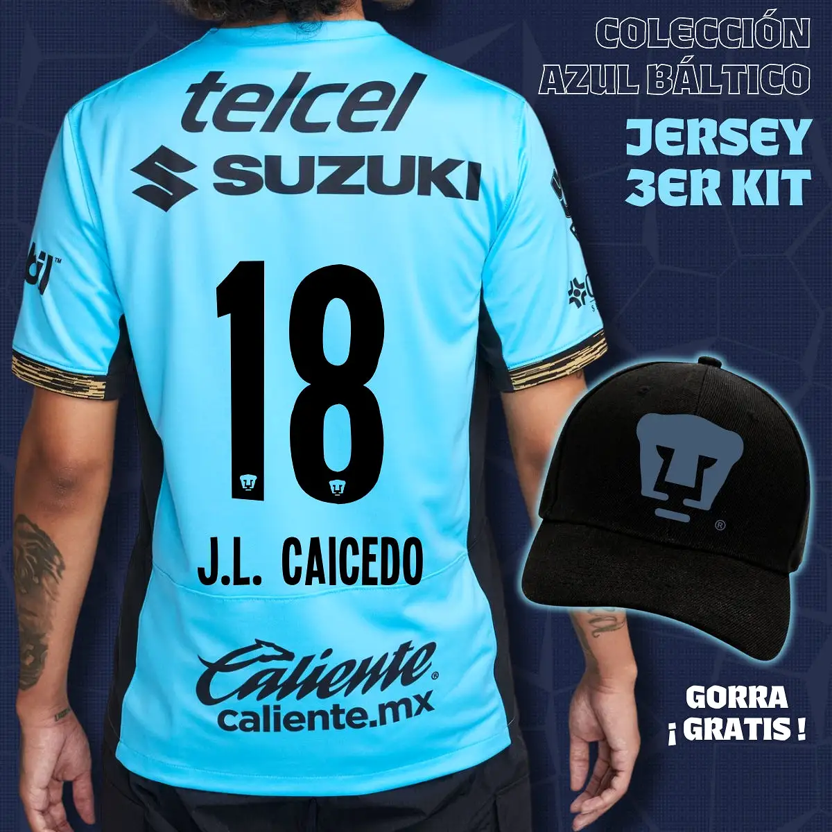 18 José Caicedo - Colección Azul Báltico - Jersey Tercer Kit + Gorra de Regalo