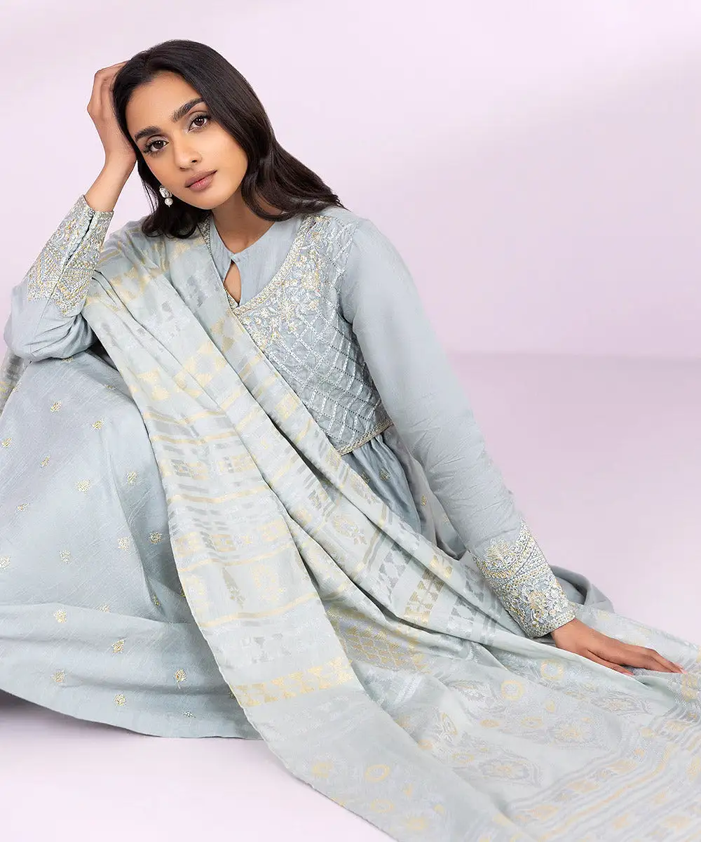 3 Piece - Embroidered Raw Silk Suit