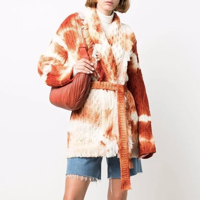 ALANUI  |PIEDRAS ROJAS Wool Cardigan Tie Dye Cable Knit Shawl Fringes