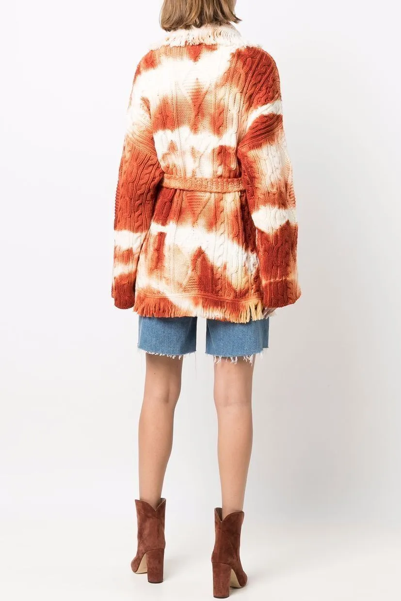 ALANUI  |PIEDRAS ROJAS Wool Cardigan Tie Dye Cable Knit Shawl Fringes