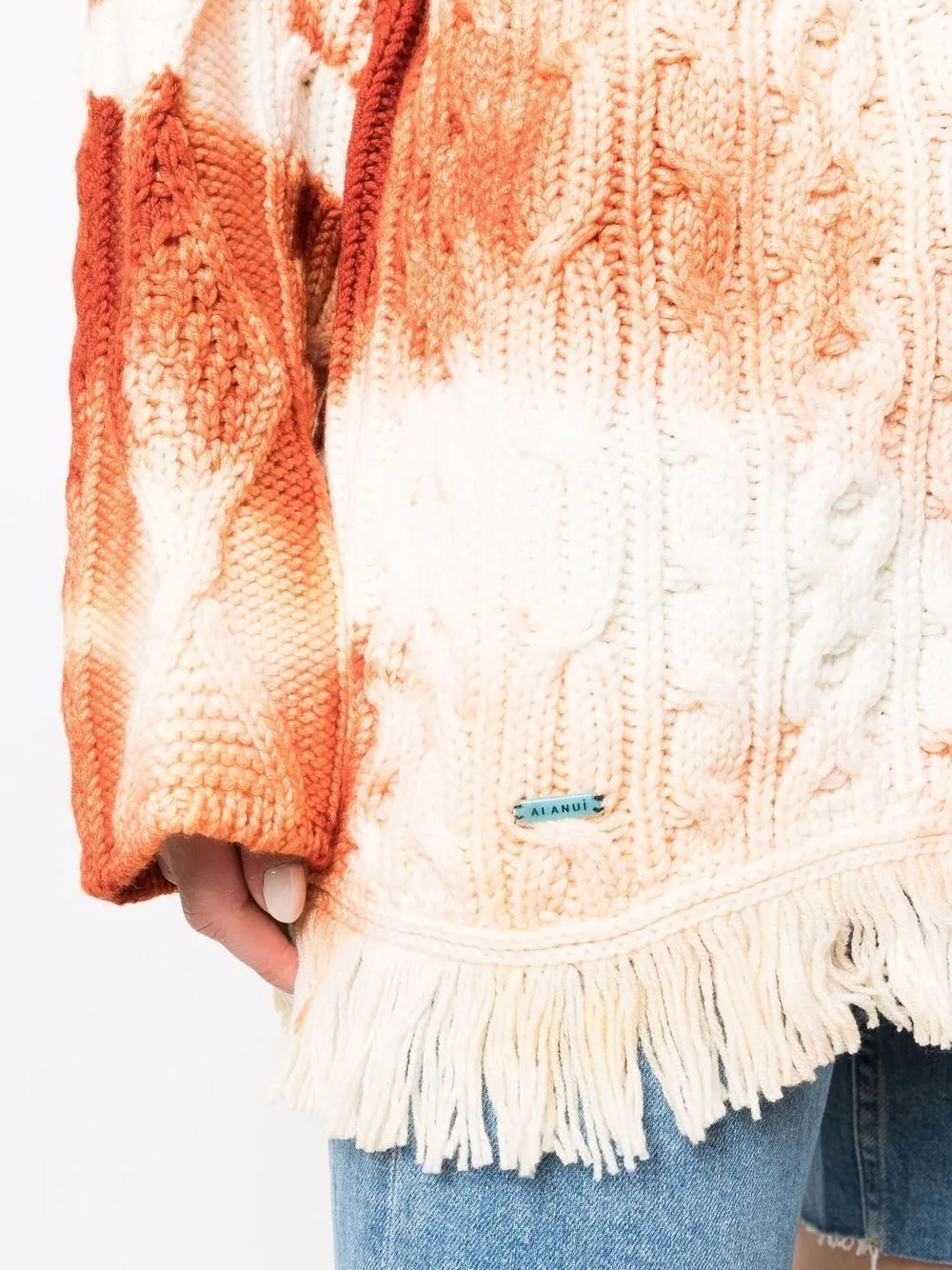 ALANUI  |PIEDRAS ROJAS Wool Cardigan Tie Dye Cable Knit Shawl Fringes