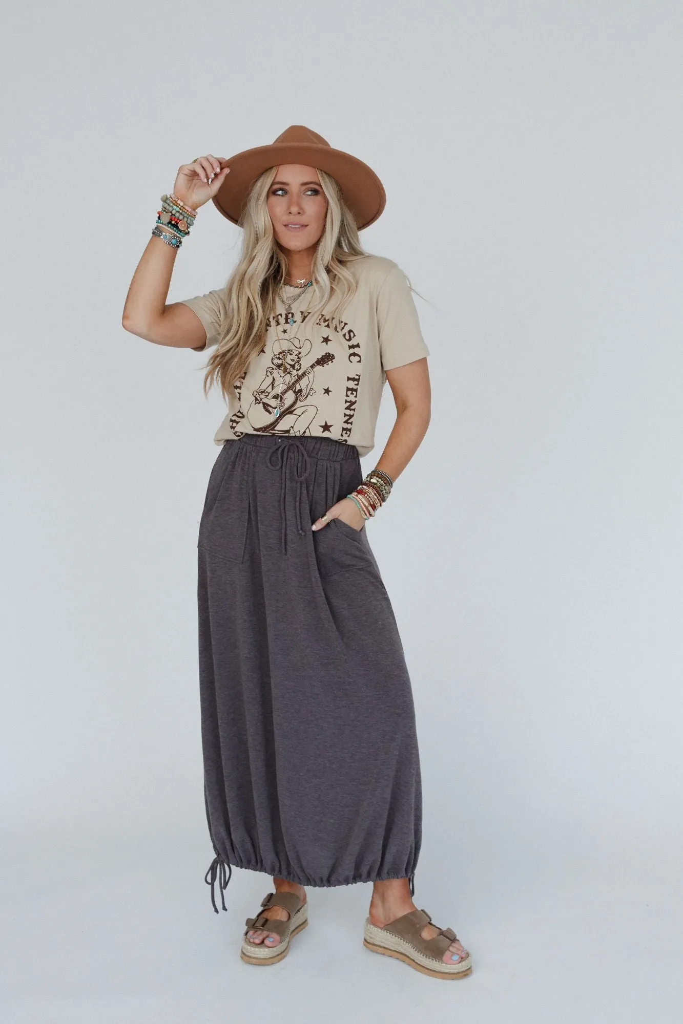 All In Drawstring Maxi Skirt - Mocha Gray