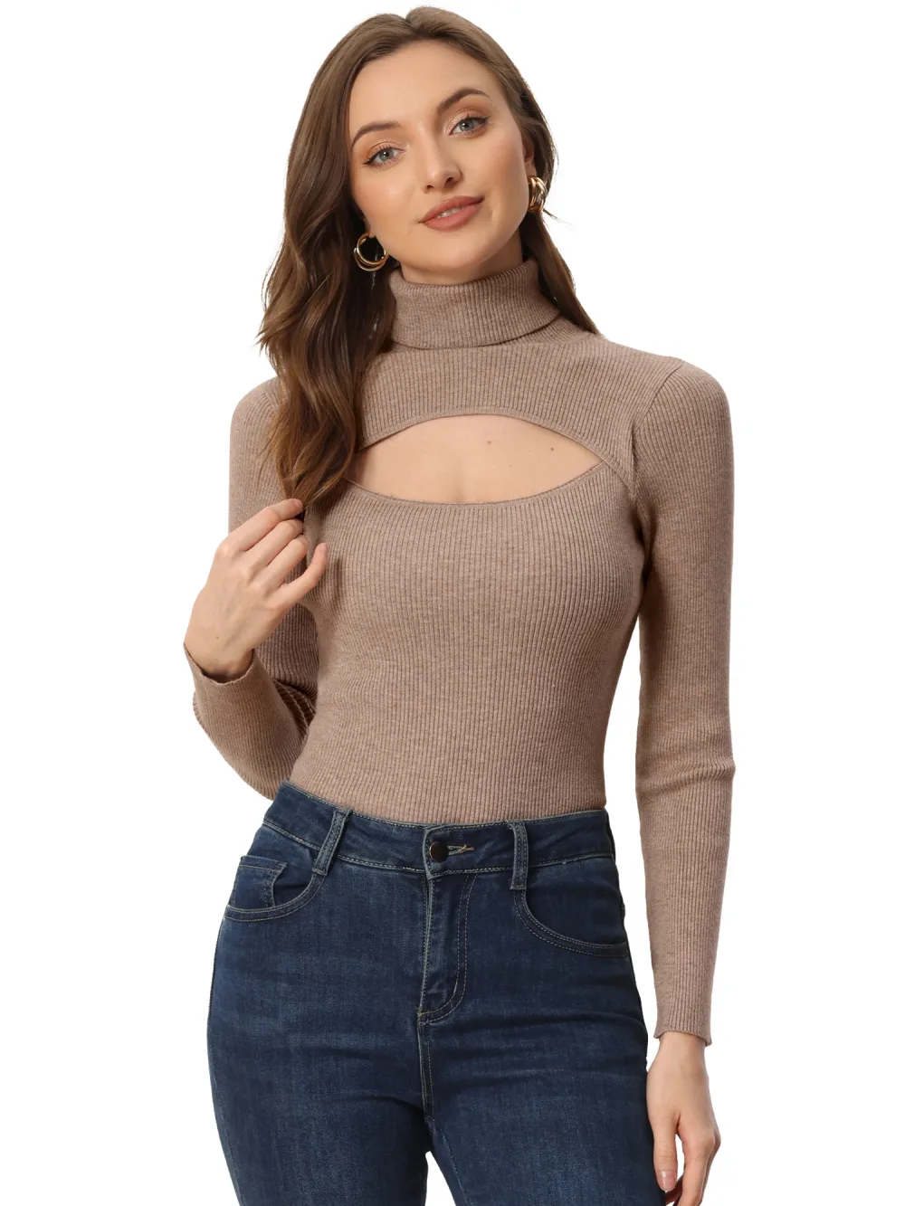 Allegra K- Turtleneck Knit Hollow Out Pullover Top