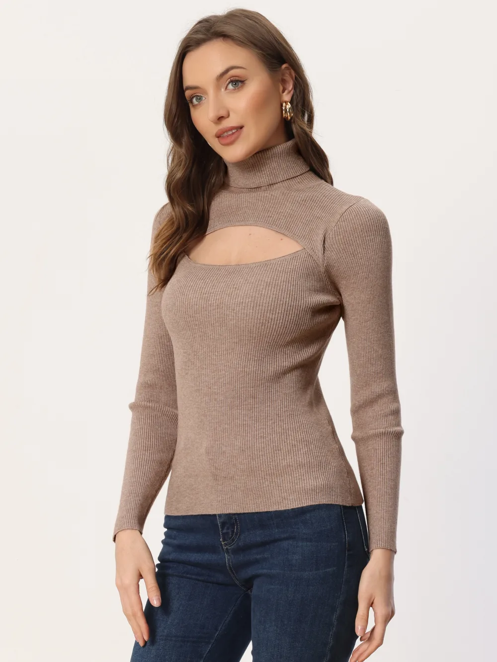 Allegra K- Turtleneck Knit Hollow Out Pullover Top