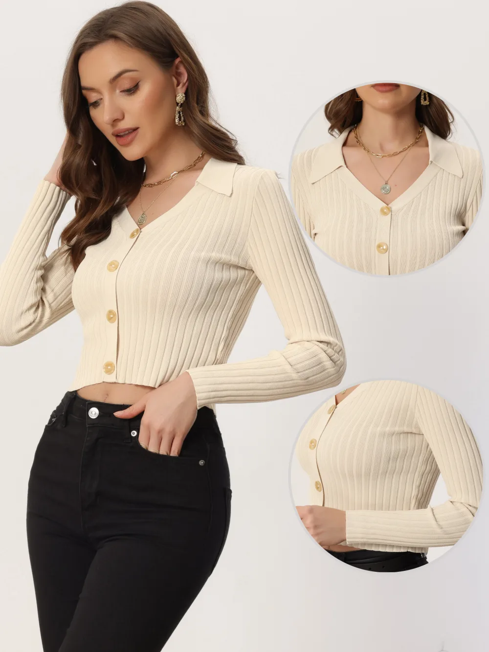 Allegra K- V Neck Ribbed Knit Sweater Pullover Top