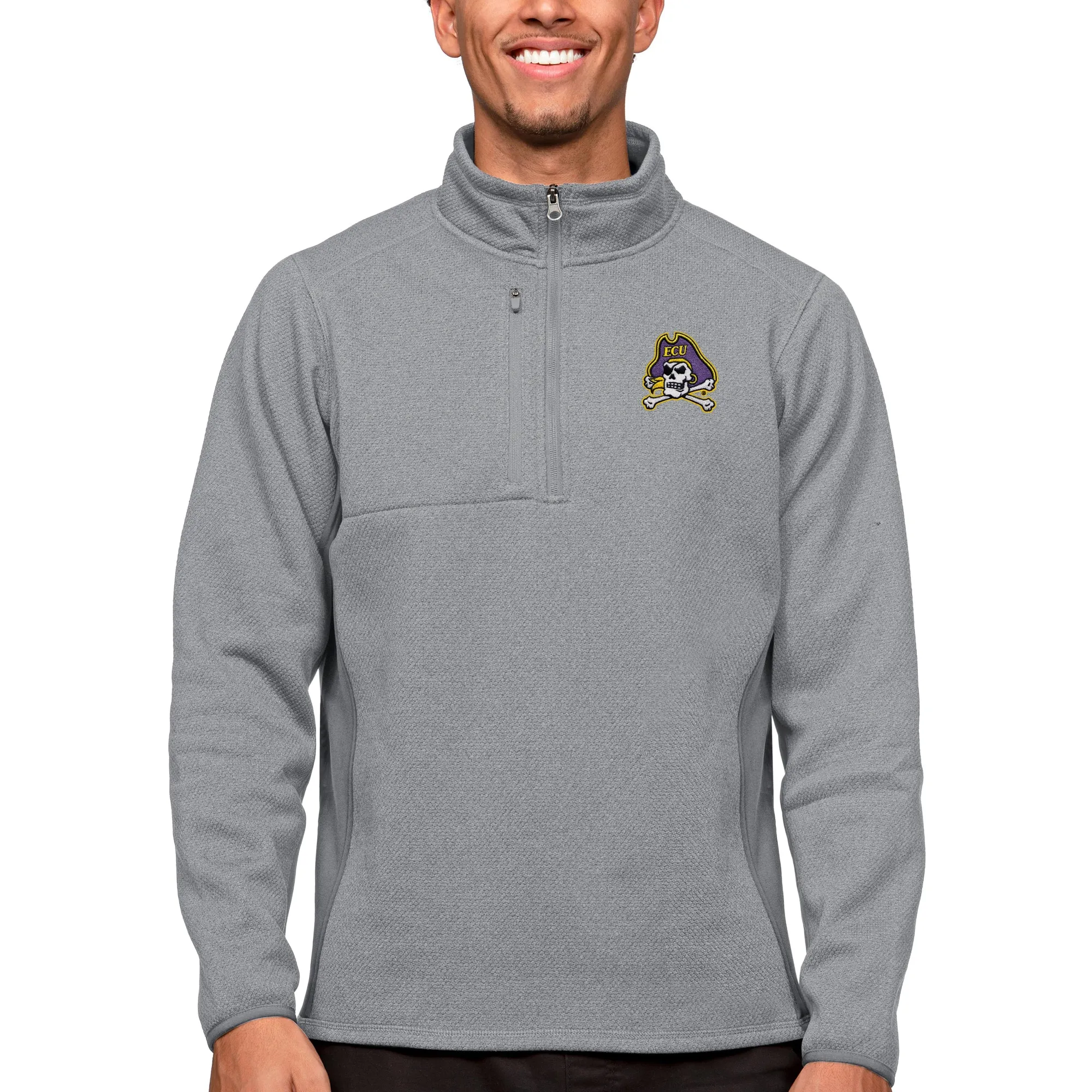 Antigua ECU Pirates Heather Gray Course Quarter-Zip Pullover Top