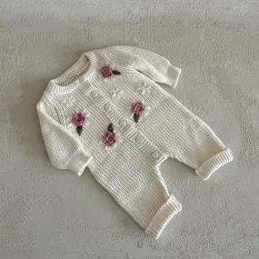 Baby Floral Embroidery Knit Sweater Jumpsuit (0-24m) - Ivory