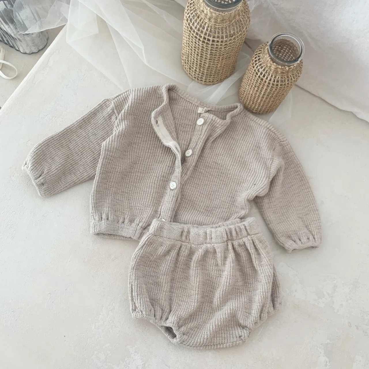 Baby Knit Sweater Cardigan and Bloomer Shorts Set (6-18m) - 3 Colors