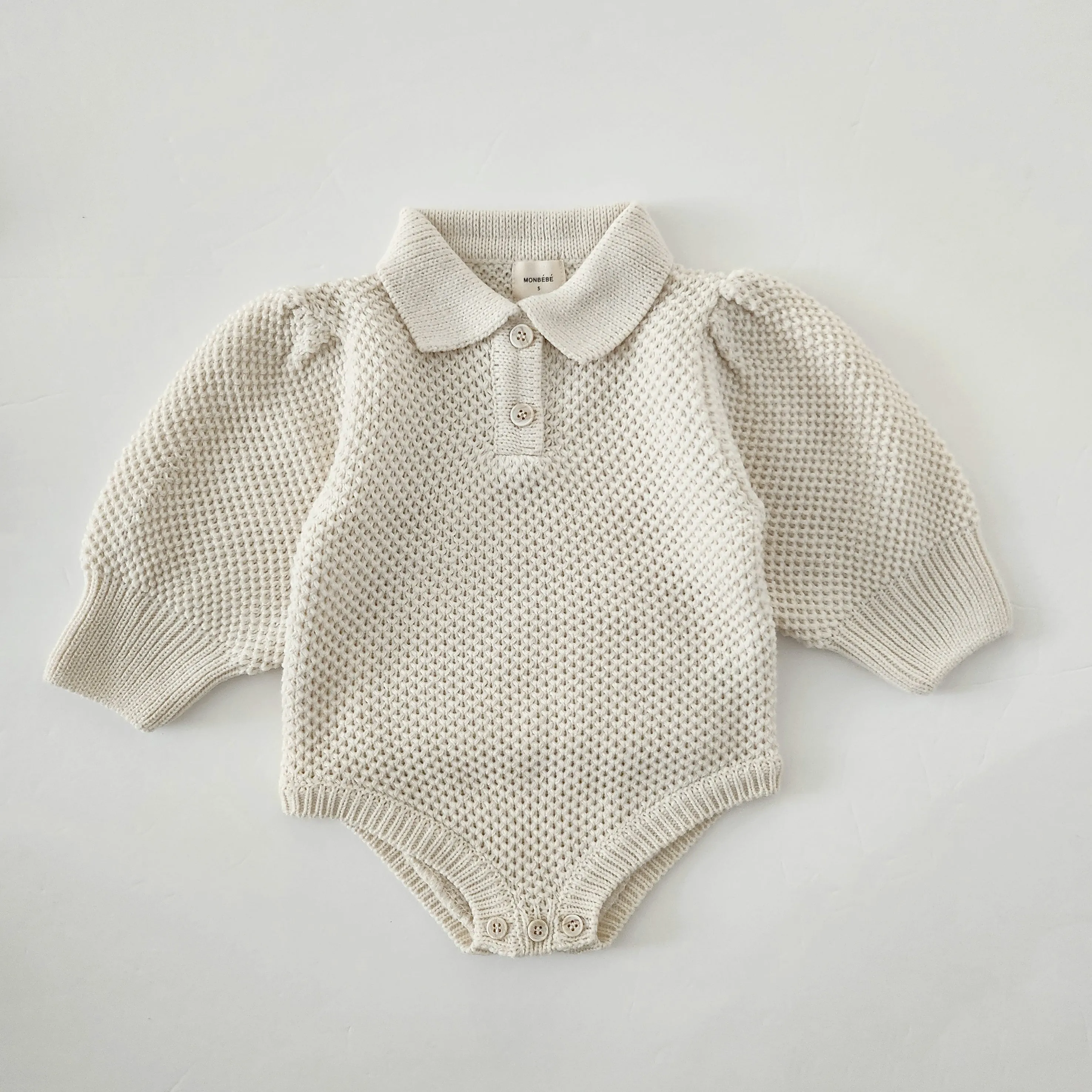 Baby Monbebe Puff Sleeve Sweater Romper (6-24m) - Cream