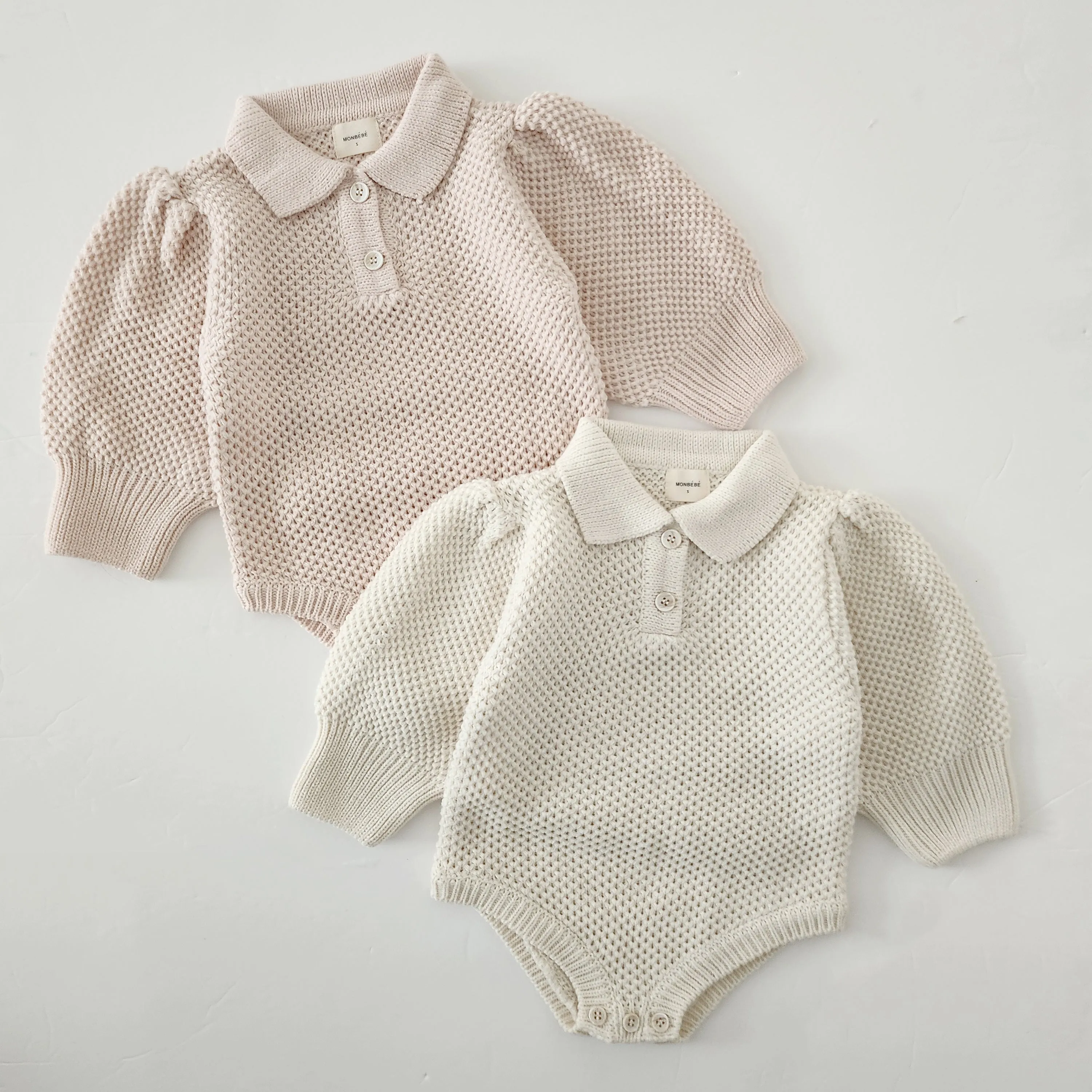 Baby Monbebe Puff Sleeve Sweater Romper (6-24m) - Cream