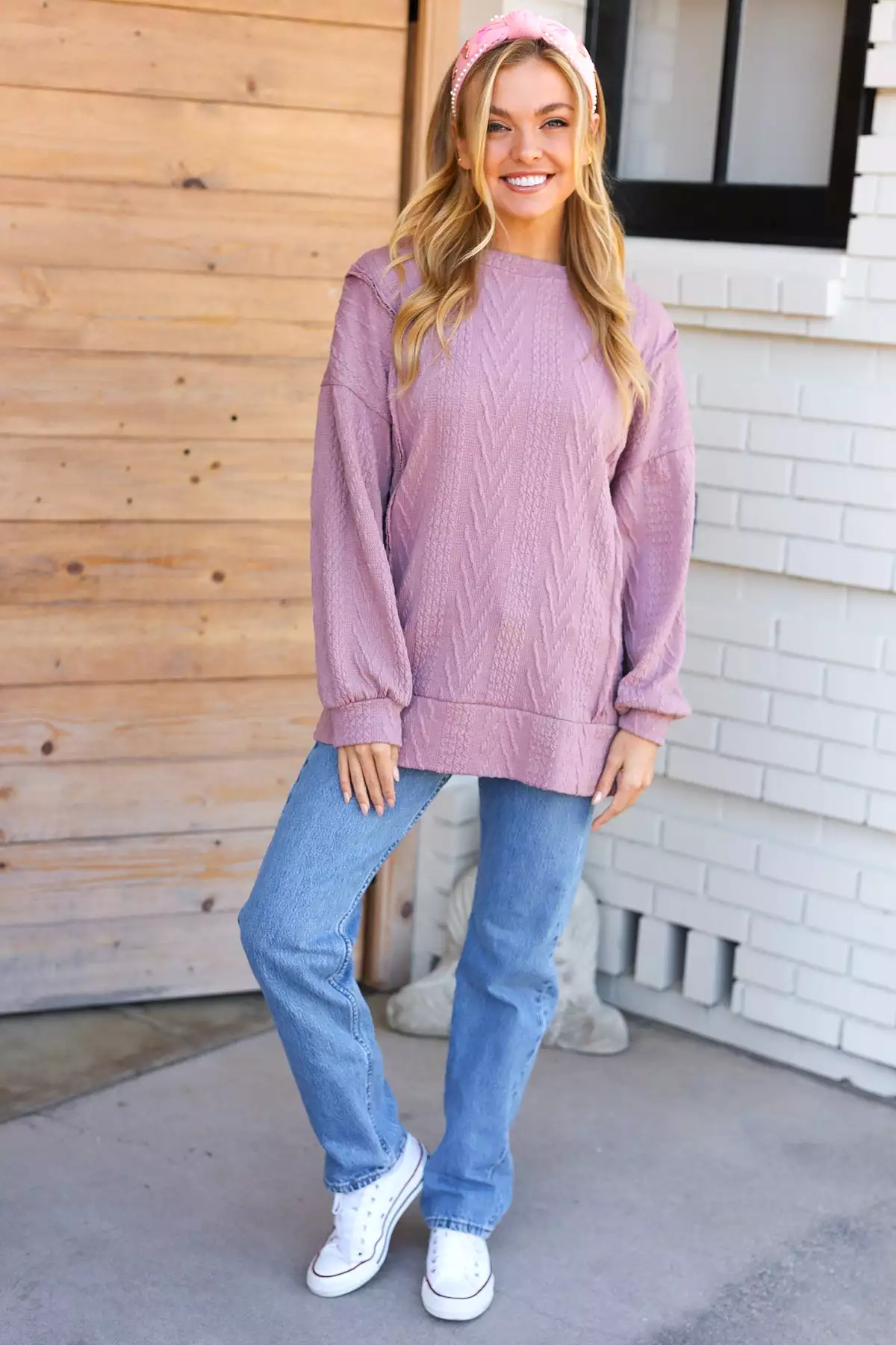 Back To Basics Mauve Jacquard Cable Pullover Top