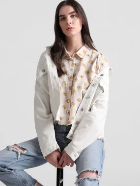 Beige Floral Print Cotton Shirt