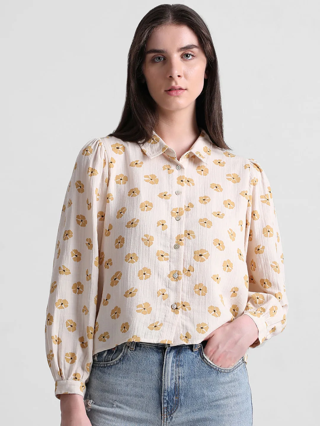 Beige Floral Print Cotton Shirt