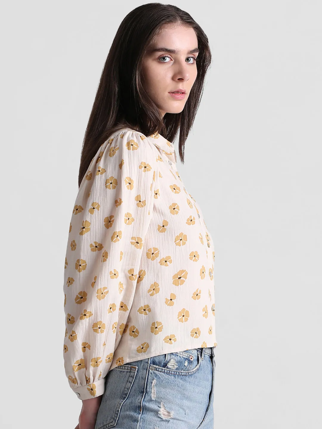 Beige Floral Print Cotton Shirt