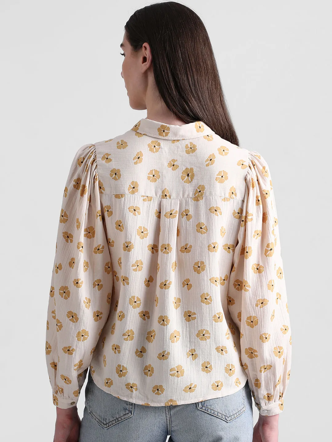 Beige Floral Print Cotton Shirt