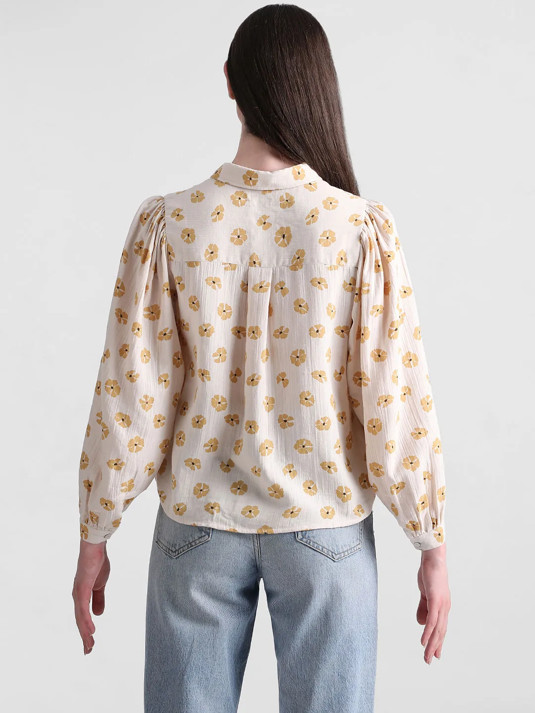 Beige Floral Print Cotton Shirt