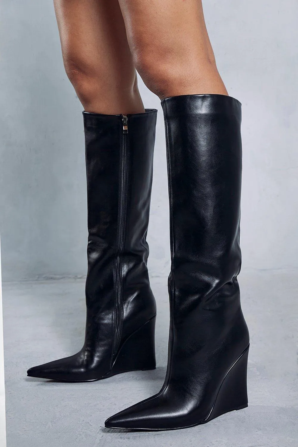 Boots | Leather Look Knee High Wedge Boots | MissPap