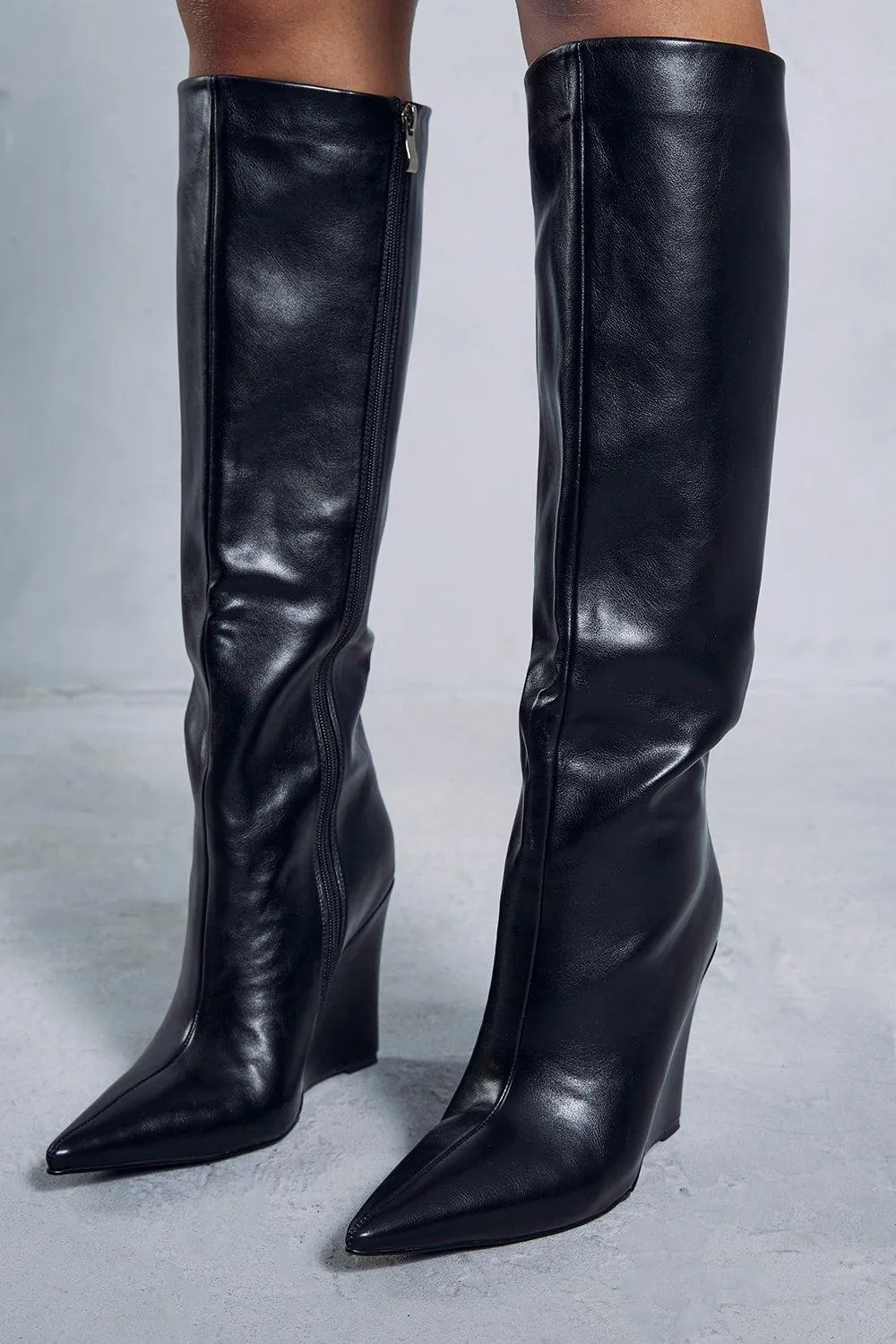 Boots | Leather Look Knee High Wedge Boots | MissPap