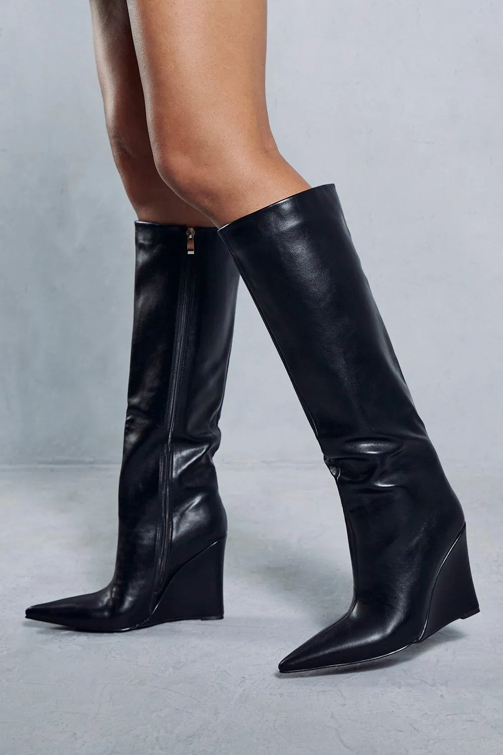 Boots | Leather Look Knee High Wedge Boots | MissPap