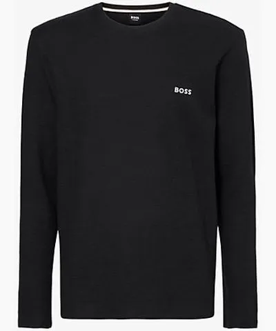 Boss Mens Black Waffle long-sleeve cotton-blend jersey T-shirt