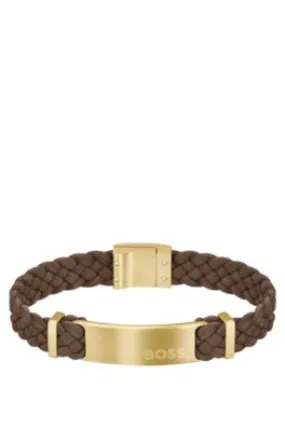 Brown-suede braided cuff with logo plate 