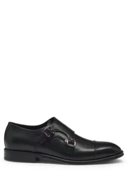 Cap-toe double monk shoes in leather