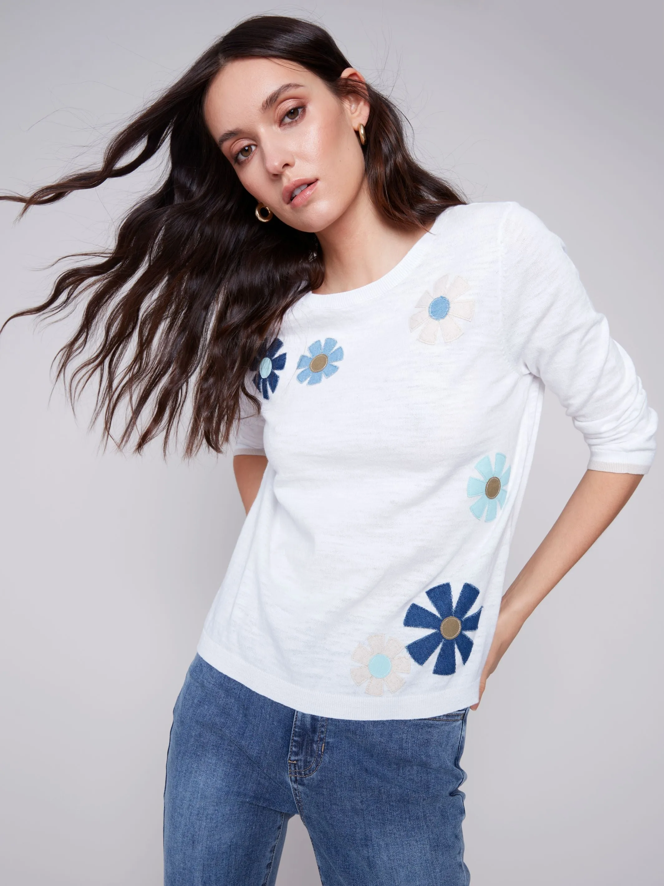 Charlie B Sweater with Flower Patches - White