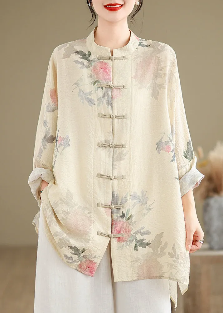 Chinese Style Apricot Stand Collar Print Button Shirts Fall