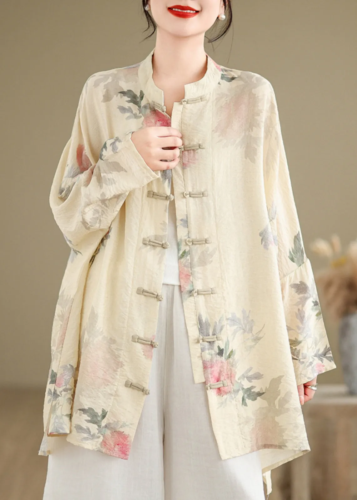 Chinese Style Apricot Stand Collar Print Button Shirts Fall