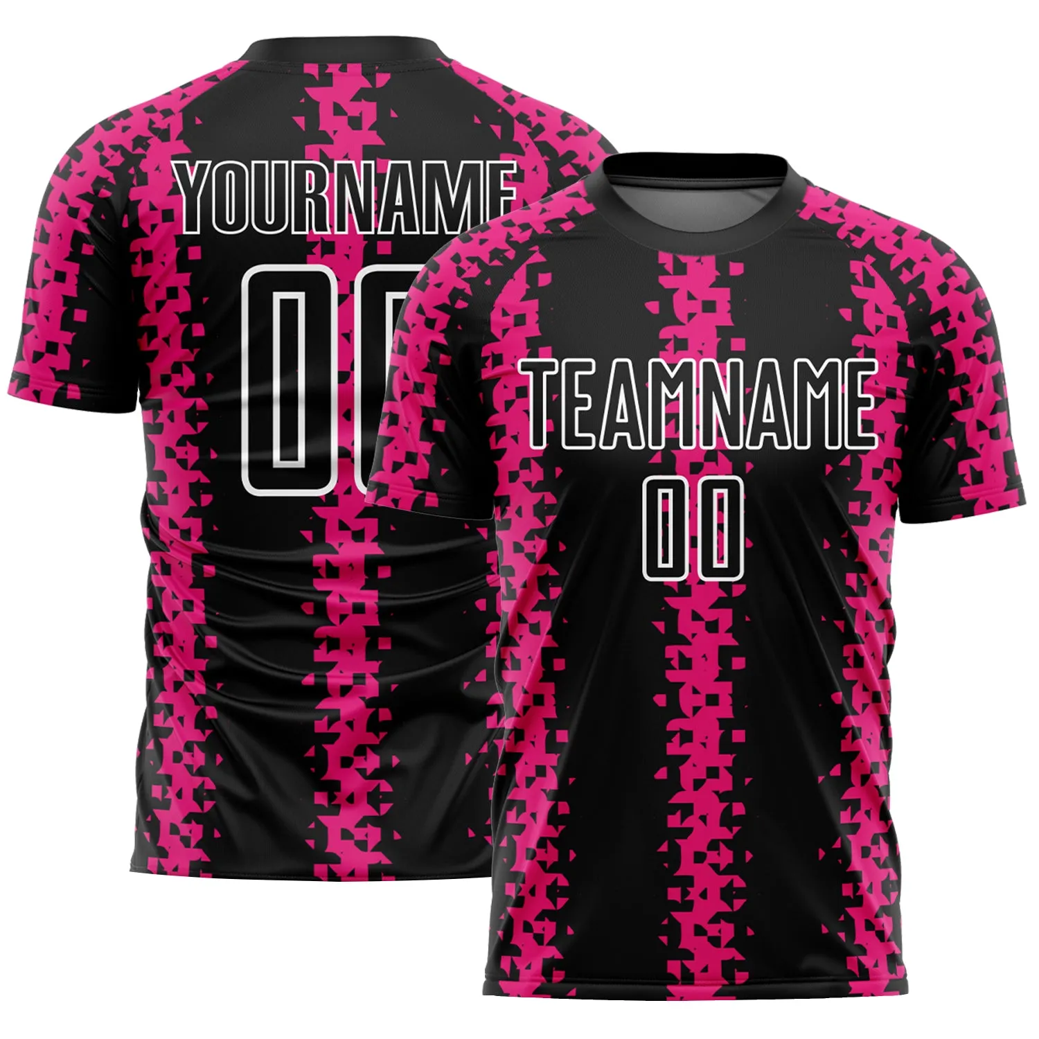 Custom Black Hot Pink-White Abstract Geometric Pattern Sublimation Soccer Uniform Jersey