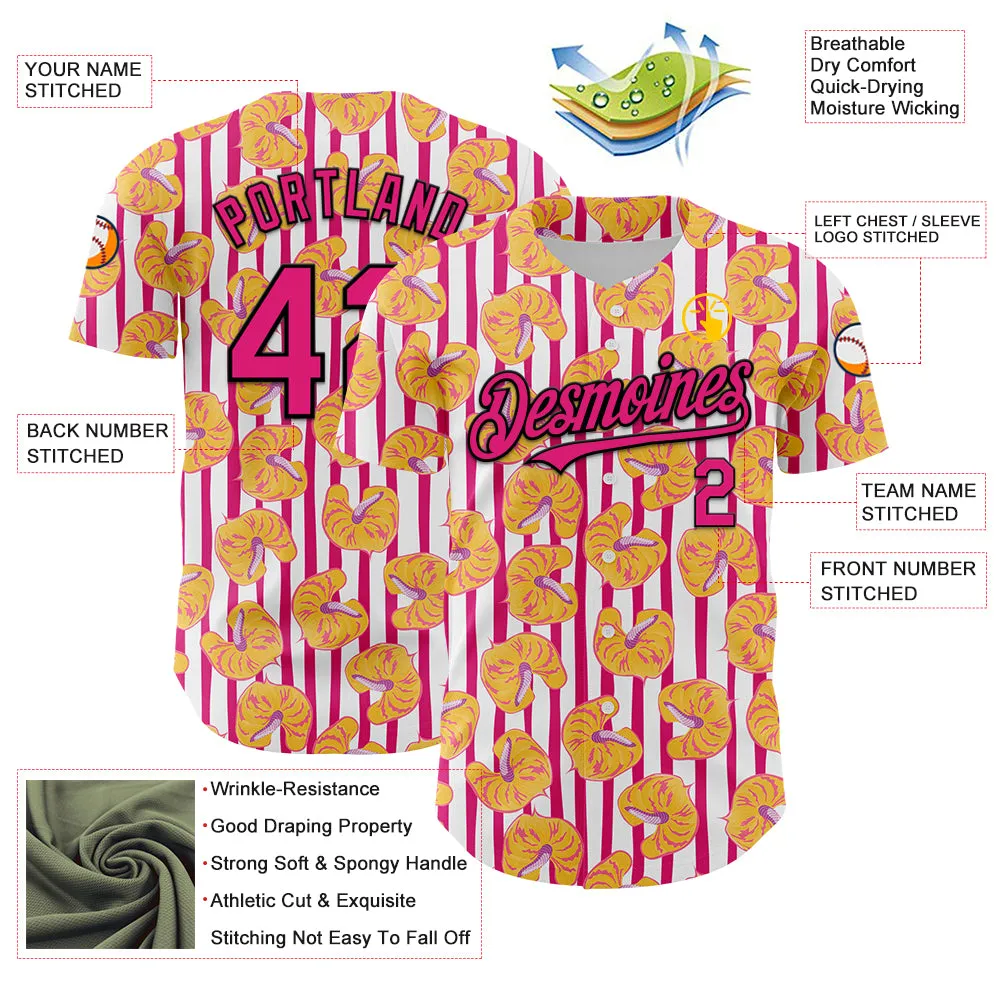 Custom White Hot Pink-Black 3D Pattern Design Tropical Anthurium Flower Authentic Baseball Jersey