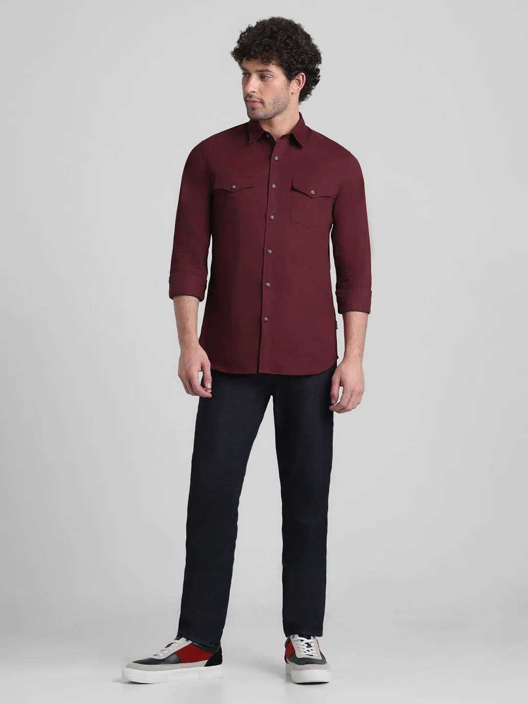 Dark Red Patch Pocket Cotton Shirt