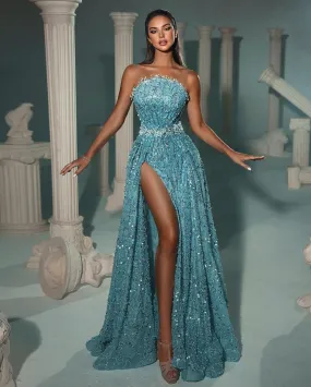 Elegant & Luxurious A-Line Strapless Beaded High Slit Blue Prom Evening Dress  QP3134