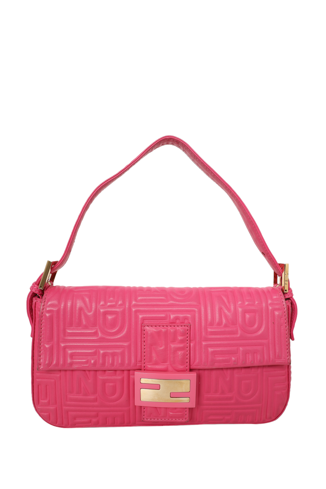 Fendi Hot Pink Leather Nappa Logo Embossed Baguette Shoulder Bag