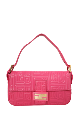 Fendi Hot Pink Leather Nappa Logo Embossed Baguette Shoulder Bag