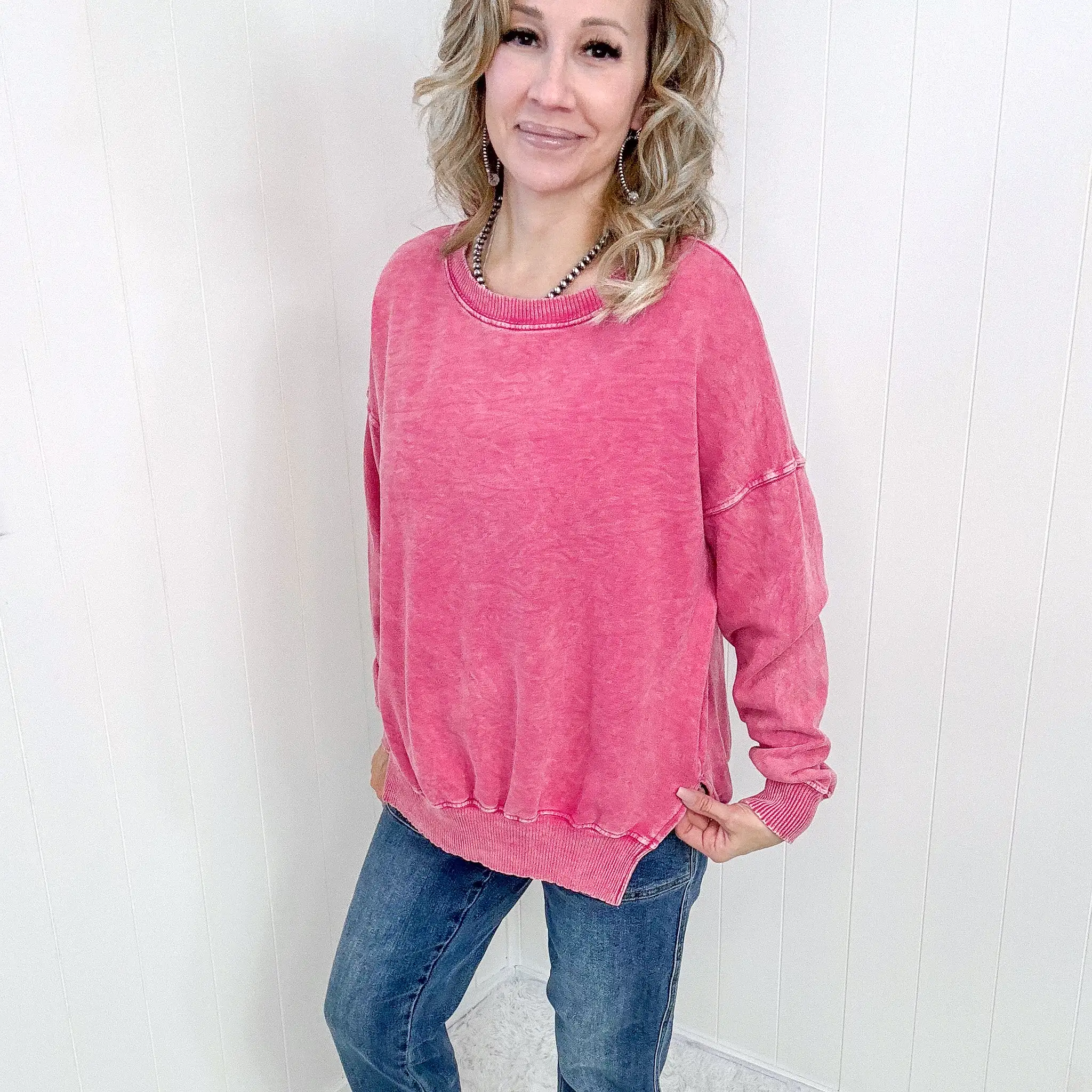 Fuchsia Washed Pullover Top with Side Slits