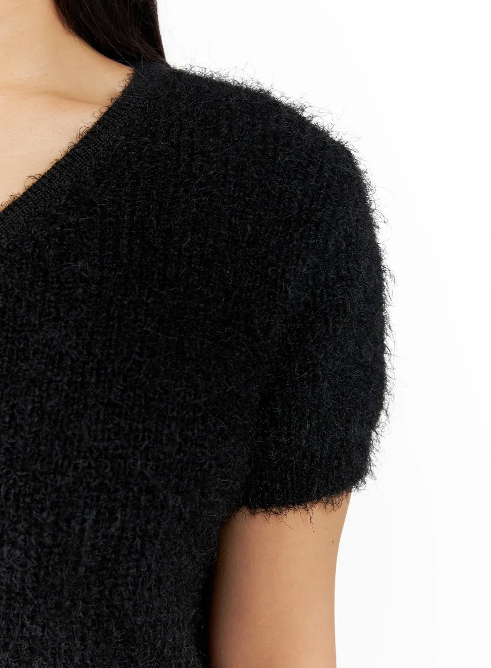 Fuzzy V-Neck Button Short Sleeve Sweater OF416