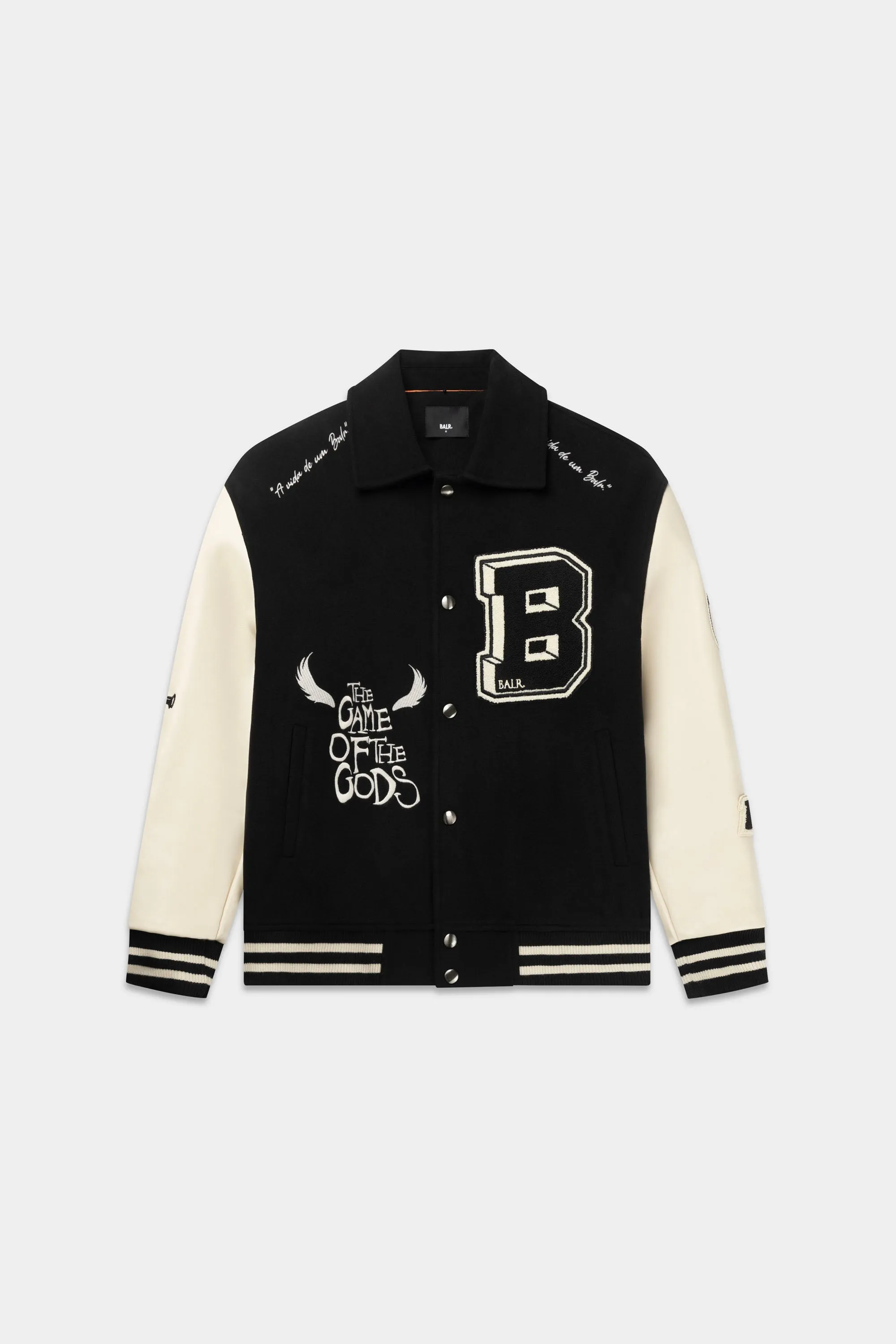 Game of the Gods Graffiti Box Fit Varsity Jacket Jet Black