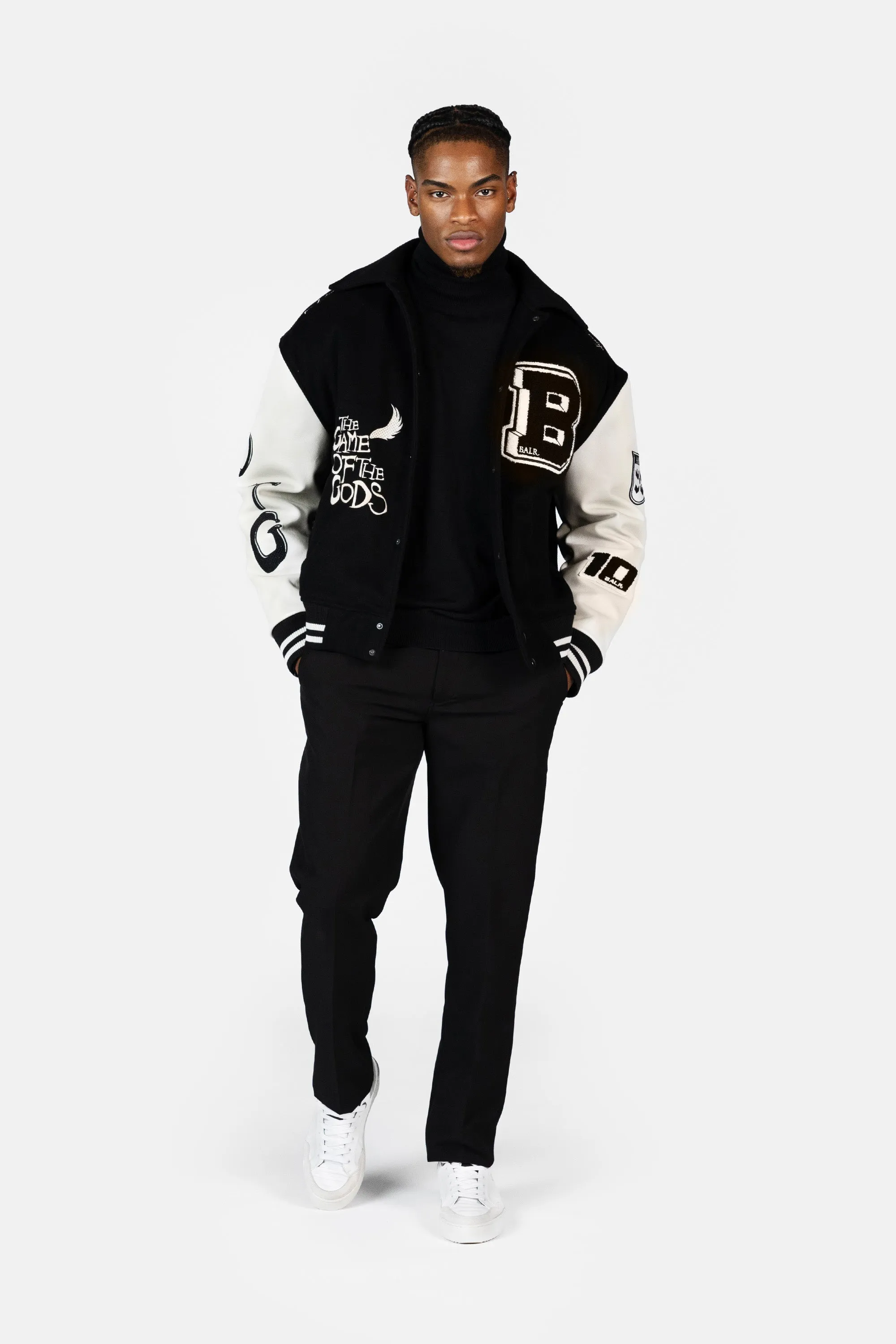 Game of the Gods Graffiti Box Fit Varsity Jacket Jet Black