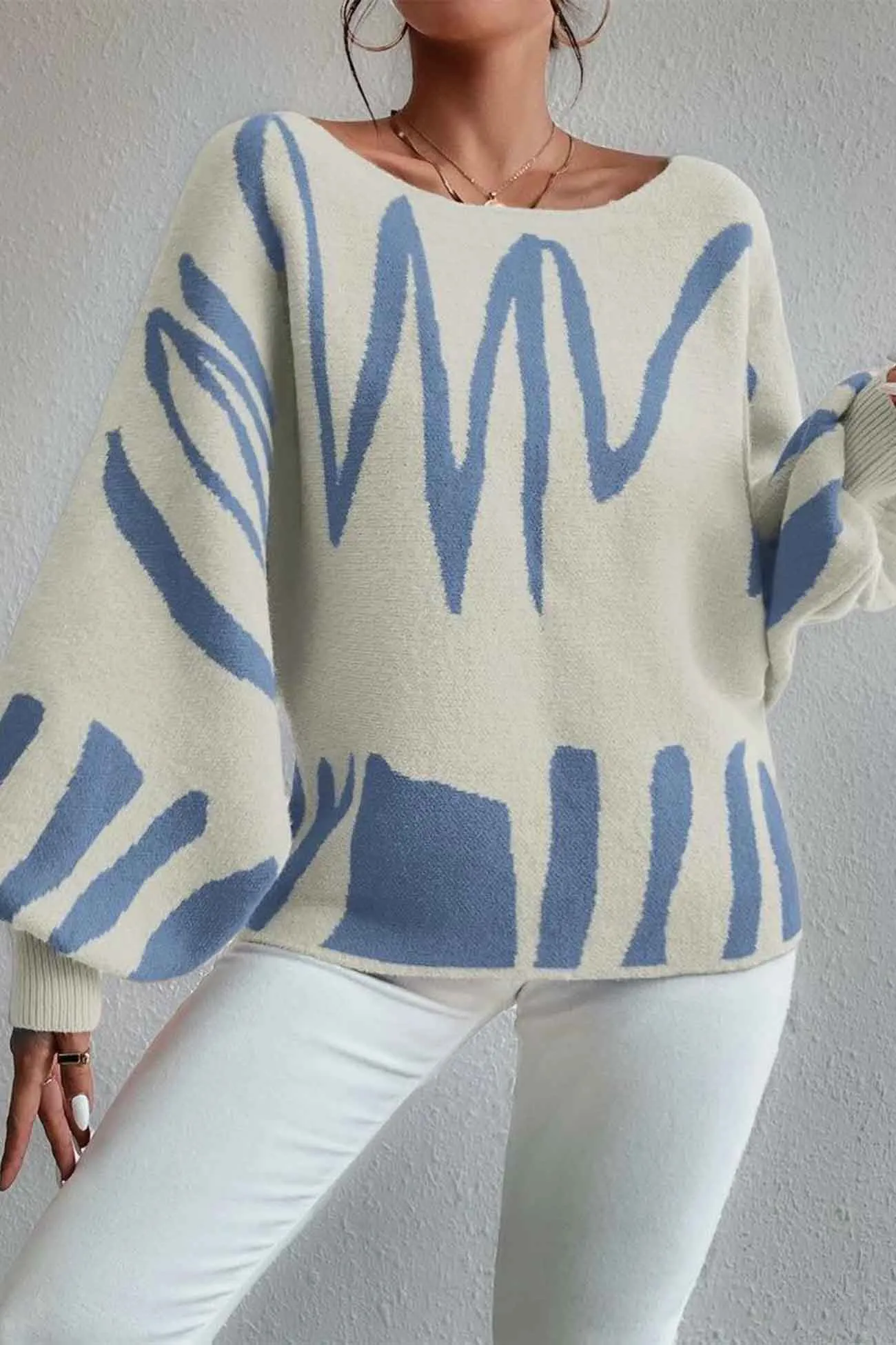 Geometric Lantern Sleeve Knitted Sweater