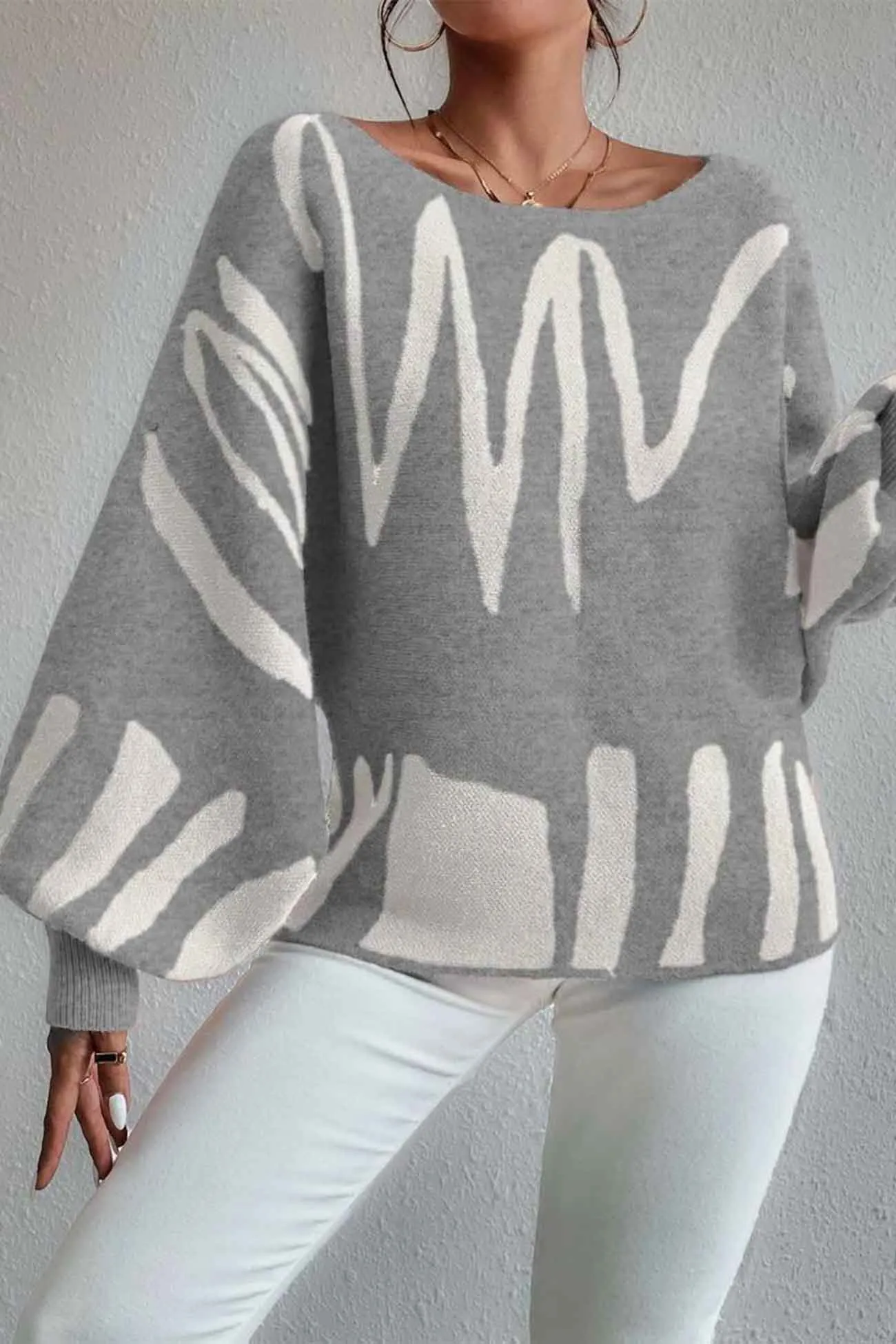 Geometric Lantern Sleeve Knitted Sweater