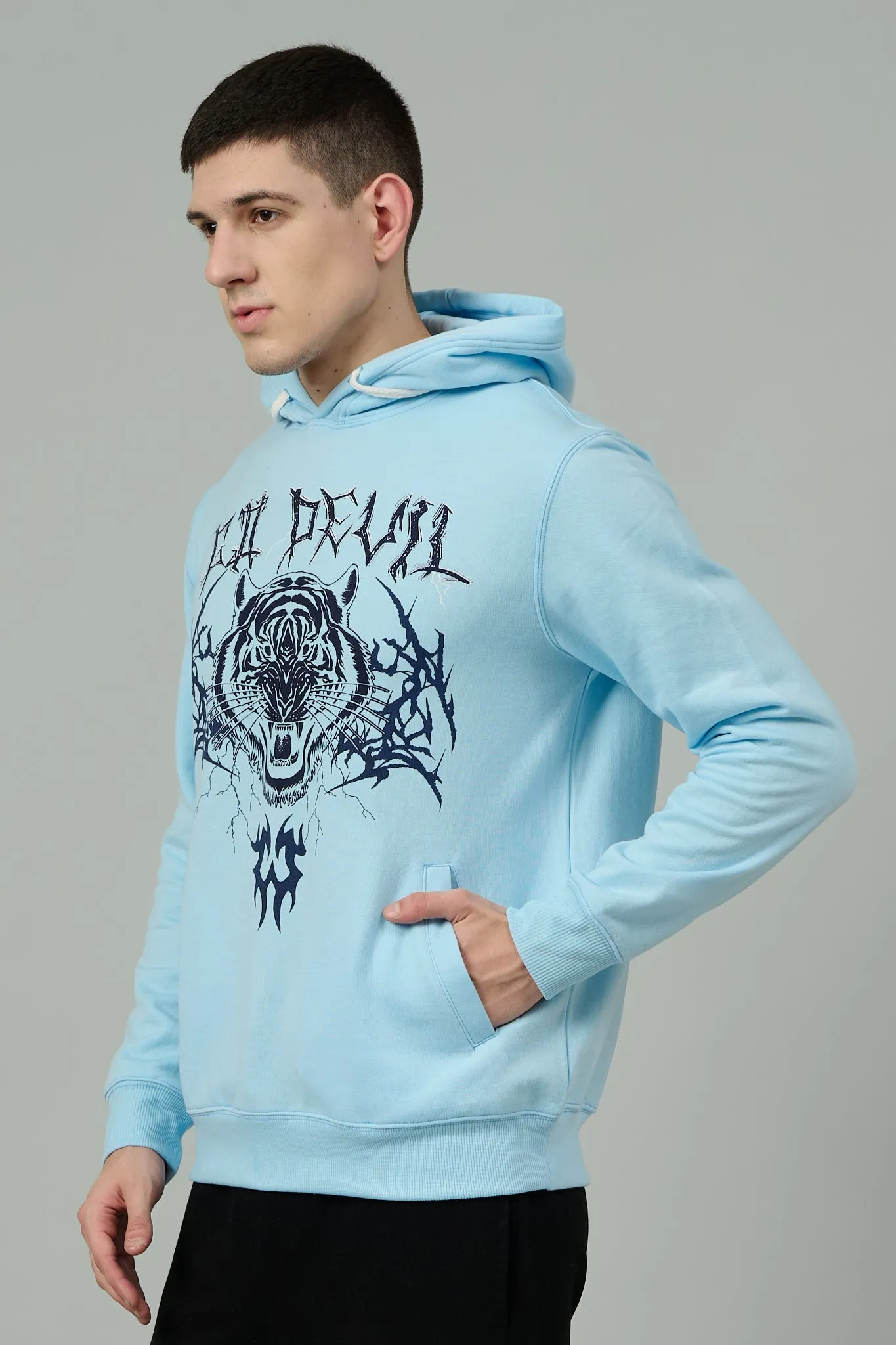 Go Devil (Tiger) Printed Sky Blue Hoodie for Men