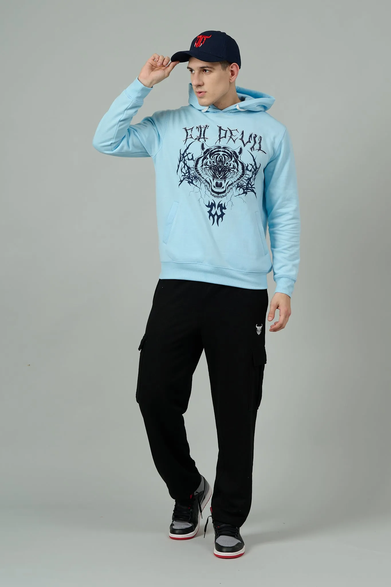 Go Devil (Tiger) Printed Sky Blue Hoodie for Men