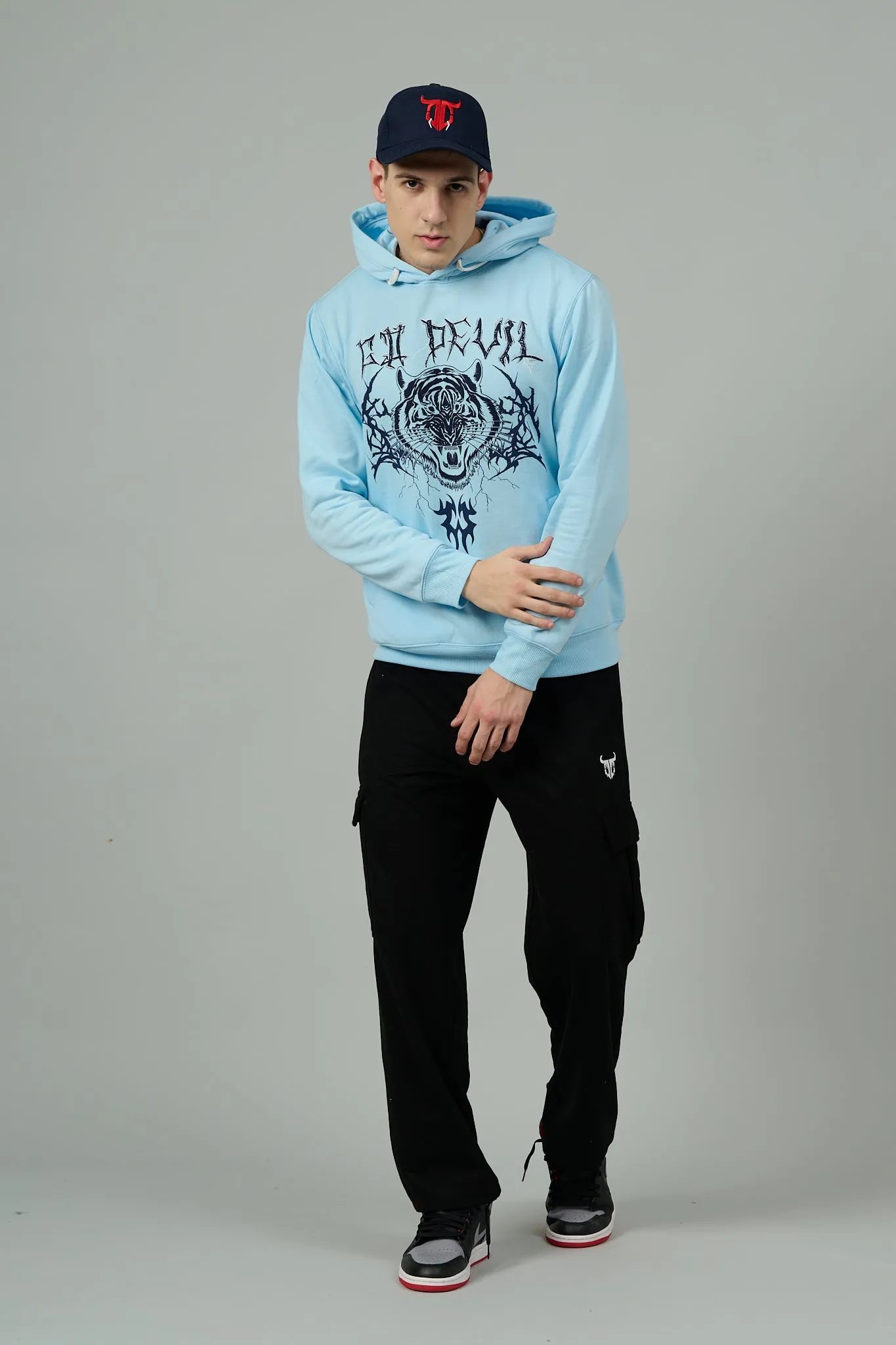 Go Devil (Tiger) Printed Sky Blue Hoodie for Men