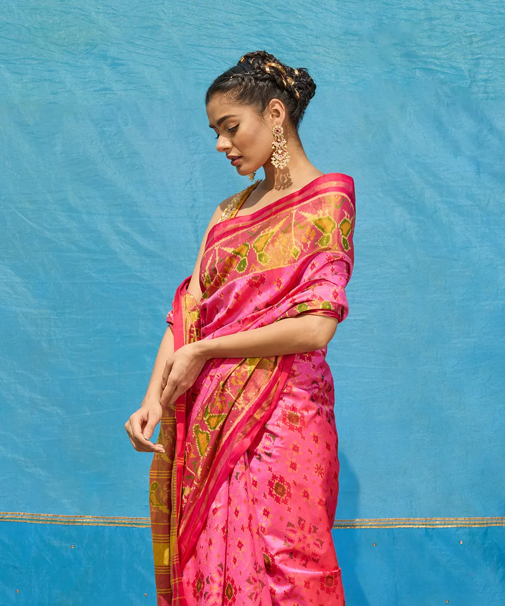 Handloom Candy Pink Pure Mulberry Silk Ikat Patola Saree With Hot Pink Border