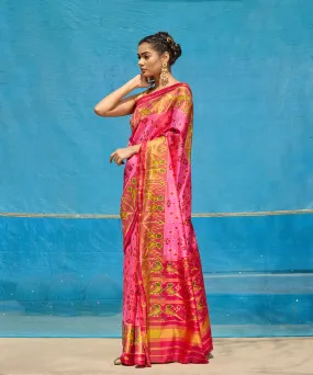 Handloom Candy Pink Pure Mulberry Silk Ikat Patola Saree With Hot Pink Border