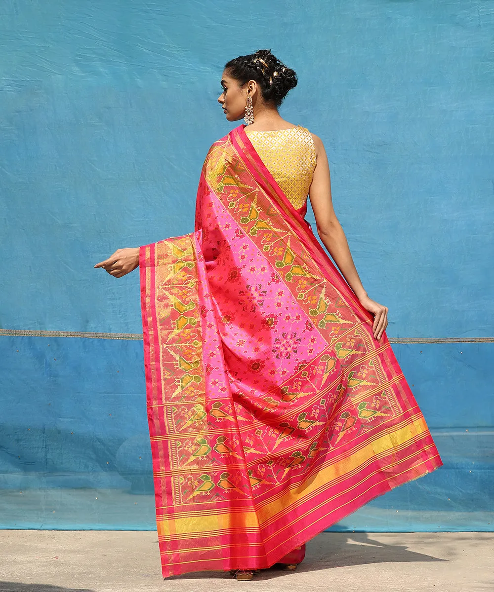 Handloom Candy Pink Pure Mulberry Silk Ikat Patola Saree With Hot Pink Border