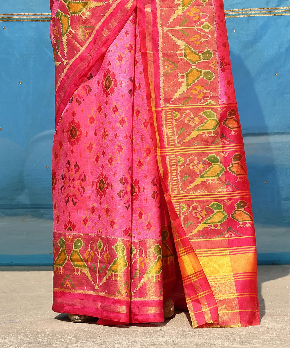 Handloom Candy Pink Pure Mulberry Silk Ikat Patola Saree With Hot Pink Border