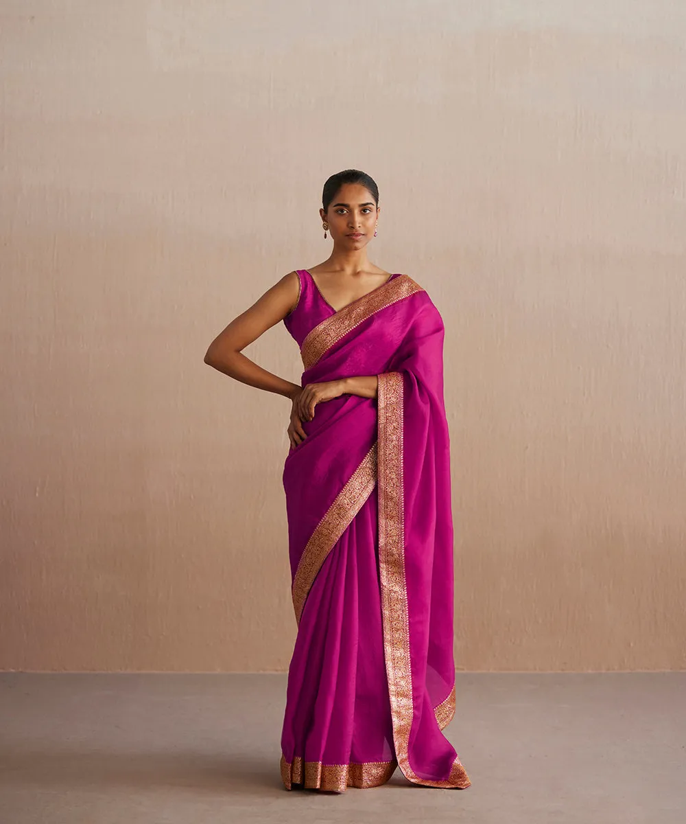 Handloom Hot Pink Organza Saree With Handwoven Banarasi Border with Badla Zari